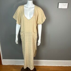 Jens Pirate Booty Kaftan Dress Small Lagenlook Tan Cotton Gauzy Maxi boho hippie